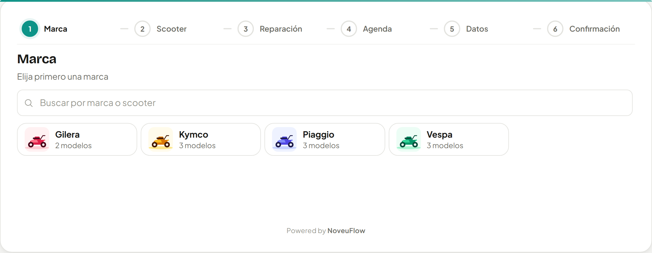 El widget de reservas de NoveuFlow con los servicios de un taller de ejemplo